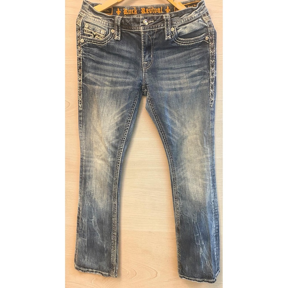 Rock Revival Shaina Bootcut Sequin Embroidered Blue Jeans Women's 26